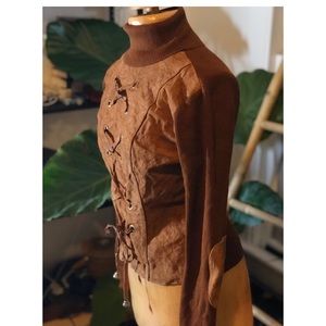 Genuine leather cross lace fall turtleneck